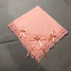 Vintage 1960s Handmade Ladies Lacy Handkerchief in Soft Peach w/Roses, Ribbon